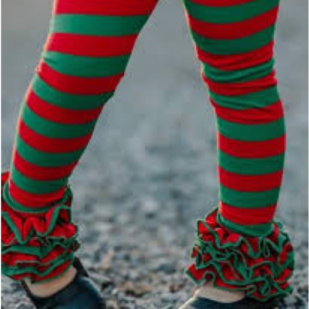 Striped Holiday Kids Leggings with Ruffles- Size 6